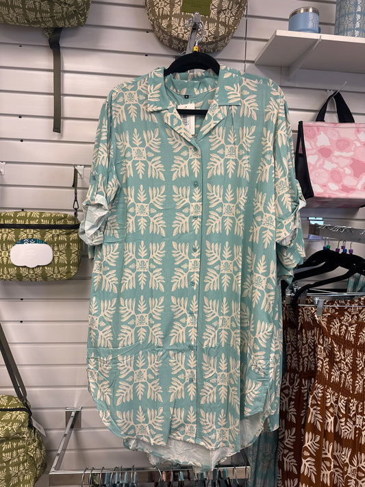 Blue Marnztera Quilt Shirt Dress